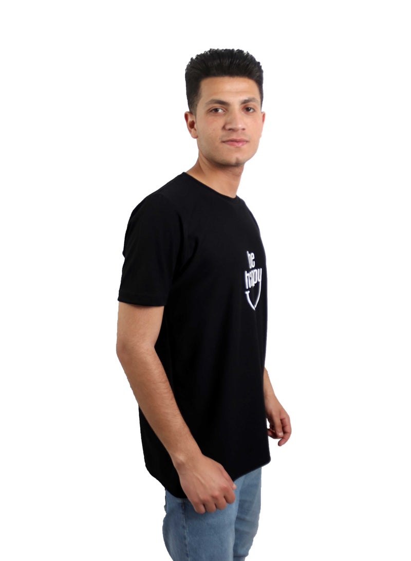 وان هاند تي شيرت قطن مطبوع "كن سعيد" كم قصير برقبه دائرية - اسود - Image 2