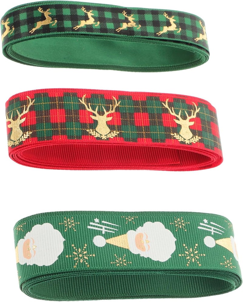 VERDANVERSE Christmas Decorative Ribbon Set 3 Rolls 2.5cm Red and Green Holiday Printing Ribbon for Wrapping DIY Bow-tie Craft 2m Each Roll for Holiday Decorations and Packaging Style - Image 1