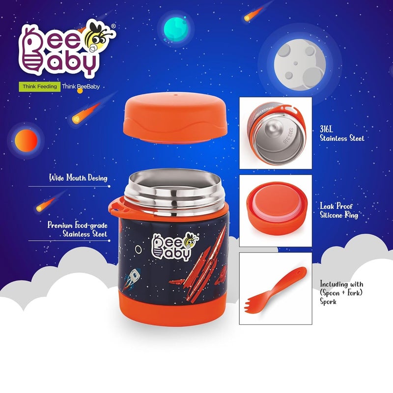 BeeBaby Steelios Double Vacuum Wall Insulated Food Jar Container with Spork (Spoon+Fork). Made of Food Grade, Anti Rust Stainless Steel (SS304) for Infants, Toddlers, Babies & Kids. 100% BPA FREE. (325 ML, 11 oz.) (Space_Dark Blue) - Image 2