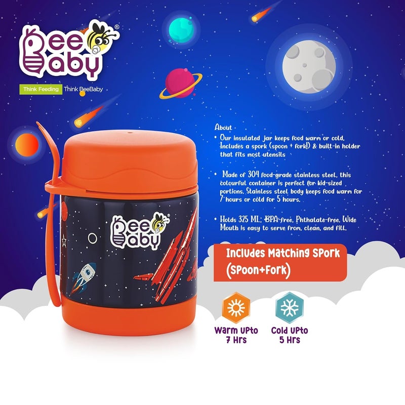 BeeBaby Steelios Double Vacuum Wall Insulated Food Jar Container with Spork (Spoon+Fork). Made of Food Grade, Anti Rust Stainless Steel (SS304) for Infants, Toddlers, Babies & Kids. 100% BPA FREE. (325 ML, 11 oz.) (Space_Dark Blue) - Image 3