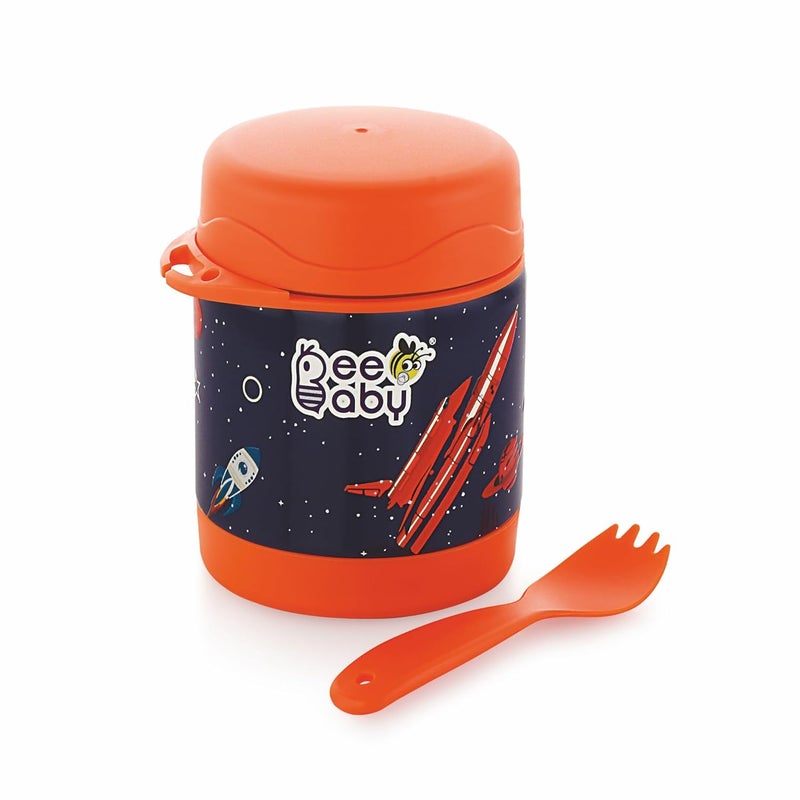 BeeBaby Steelios Double Vacuum Wall Insulated Food Jar Container with Spork (Spoon+Fork). Made of Food Grade, Anti Rust Stainless Steel (SS304) for Infants, Toddlers, Babies & Kids. 100% BPA FREE. (325 ML, 11 oz.) (Space_Dark Blue) - Image 1