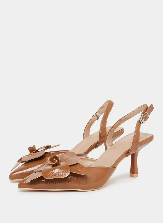 Styli Tan Slingback Stiletto Heels Shoes with Flower Detail