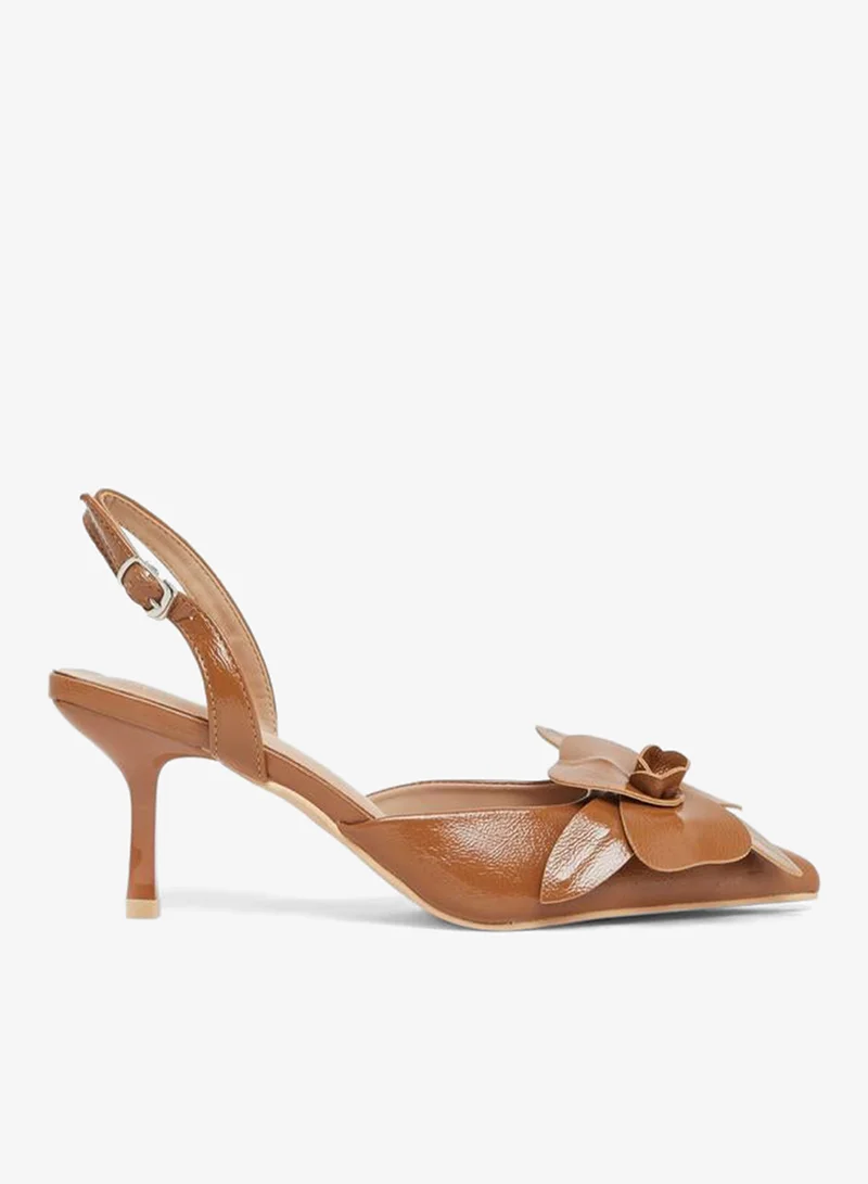 Tan Slingback Stiletto Heels Shoes with Flower Detail