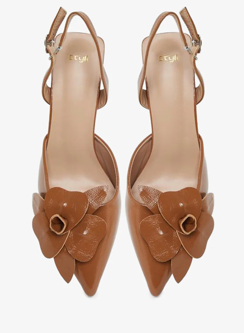 Styli Tan Tan Slingback Stiletto Heels Shoes with Flower Detail for Women | Best Price UAE