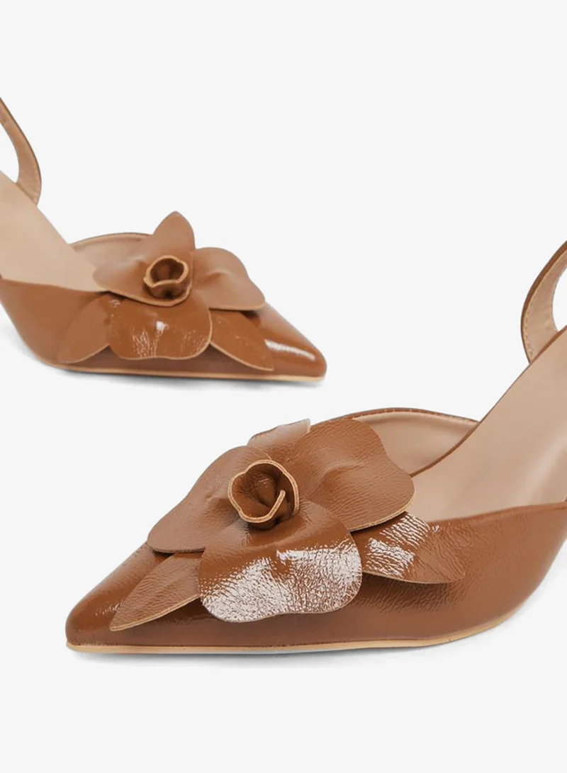 Styli Tan Tan Slingback Stiletto Heels Shoes with Flower Detail for Women | Best Price UAE