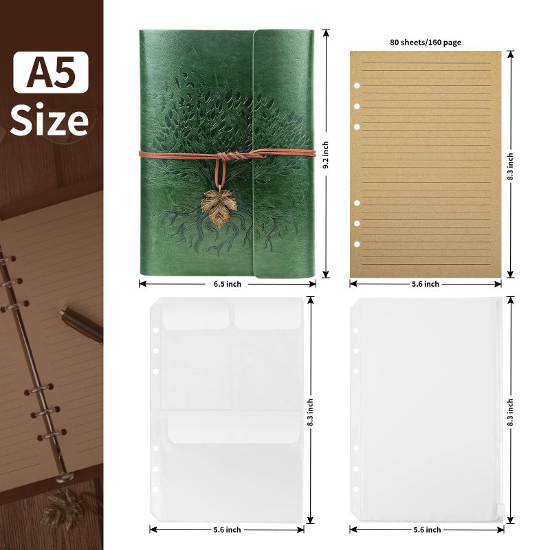 Billtigif PU Leather Journal Notebook, Refillable Travel Vintage Writing Journals Diary, Gifts for Women, Men, Teen Girls and Boys, 100GSM Lined Paper,160 Pages(Green, A5 9.2" x 6.5") - Image 2