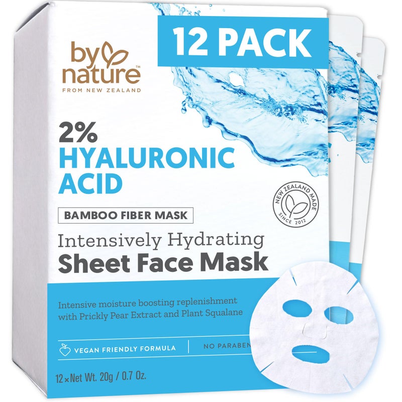 By Nature 2% Hyaluronic Acid Sheet Face Mask for Dry, Dehydrated & Sensitive Skin â€“ Hydration Boost with Prickly Pear & Squalane â€“ Made in New Zealand â€“ Pack of 12 - Image 1