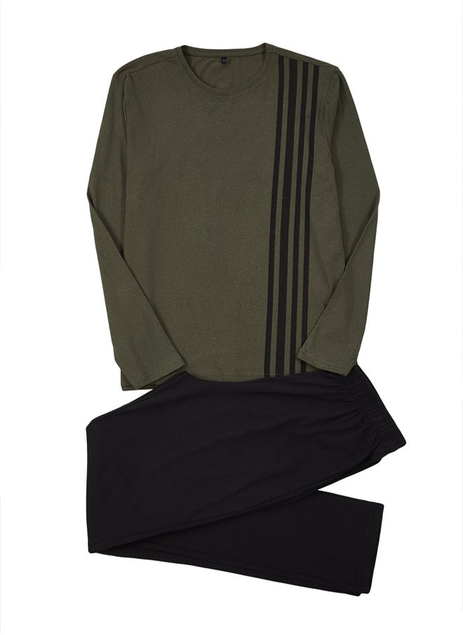 trendyol - Men's Khaki Regular Fit Stripe Printed Knitted Pajama Set TMNAW25PT00031 - Image 1