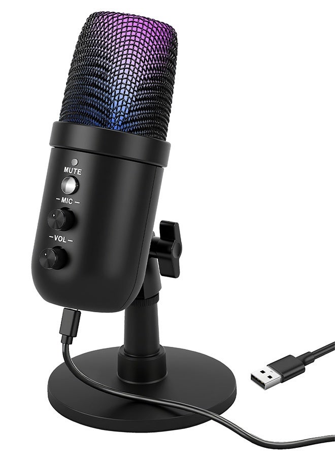ميكروفون ألعاب USB مزود بإضاءة RGB لأجهزة الكمبيوتر الشخصية/بلاي ستيشن 5، ميكروفون مكثف مع خاصية كتم الصوت السريع، حامل مكتبي، فلتر مضاد للضوضاء، حامل مضاد للاهتزاز، زر تحكم في مستوى الصوت للبث المباشر على ديسكورد، تويتش، يوتيوب، البودكاست، والفيديوهات. - Image 1