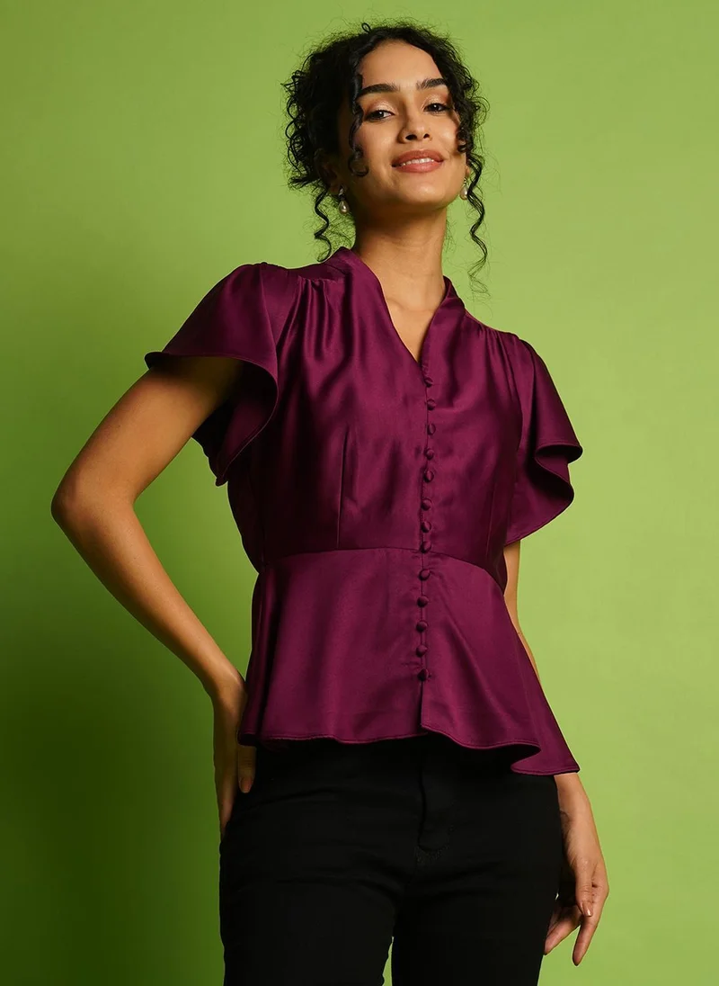 globus Globus Women V-Neck Flutter Sleeves Peplum Party Top