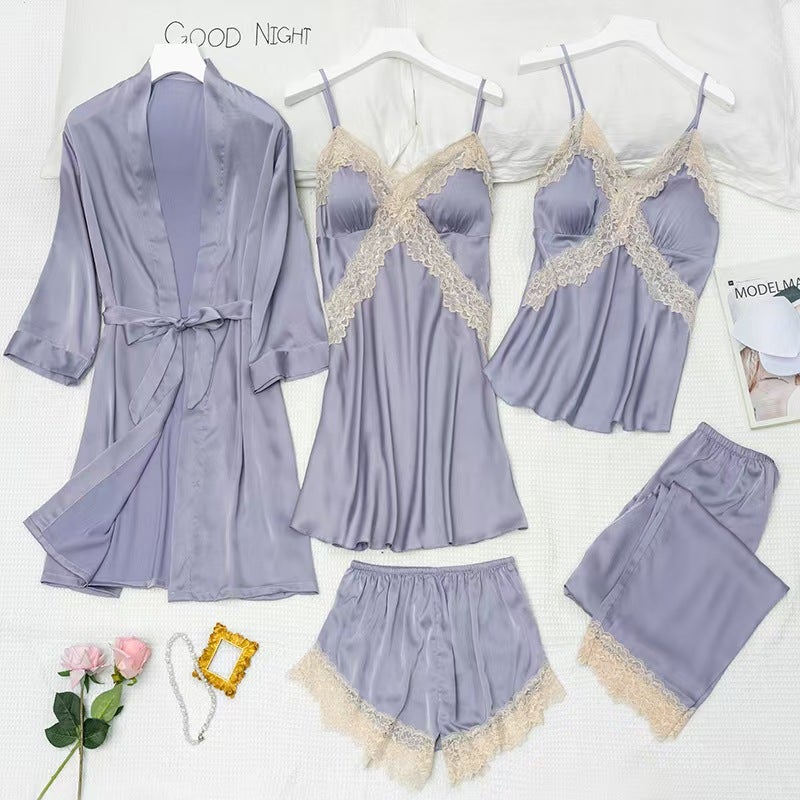 طقم نوم نسائي من الحرير الجليدي 5 قطع فضفاض - Image 1
