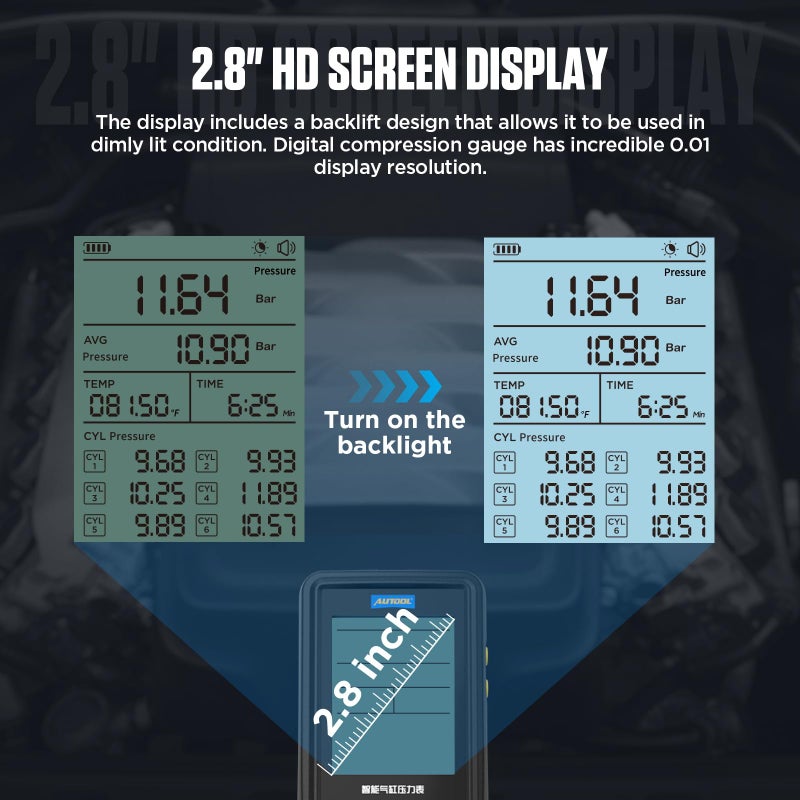 AUTOOL Digital Compression Tester Automotive Compression Gauge 0-426PSI 0~29bar for Petrol Engine Cylinder Compression Test Tool Kit with Adapters & Hoses, 6 Data Saving, Backlit Screen - Image 5