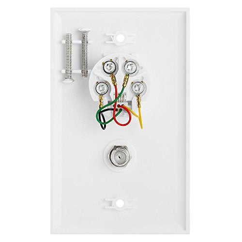 Cmple - Combo Phone/Video Jack Plate, Single Gang F-Type Coaxial TV Cable and 6P4C RJ11 Telephone Jack Wall Plate, White - Image 2