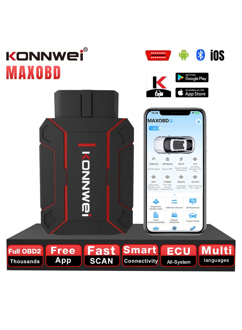 Konnwei OBD2 Scanner Bluetooth,Full System Car Diagnostic Tool for Engine, MAXOBD Scanner, Check Engine Code Reader, Voltage Test, I/M Readiness, Data Stream, AutoVIN, No Subscription & Exclusive APP for iOS & Android - Image 1