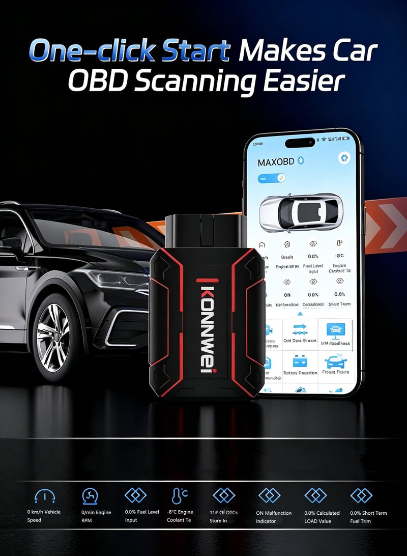 Konnwei OBD2 Scanner Bluetooth,Full System Car Diagnostic Tool for Engine, MAXOBD Scanner, Check Engine Code Reader, Voltage Test, I/M Readiness, Data Stream, AutoVIN, No Subscription & Exclusive APP for iOS & Android - Image 3