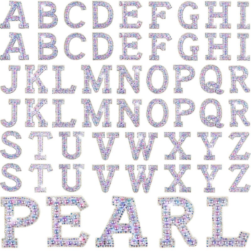 Canlierr 52 Pcs Self Adhesive Pearl Rhinestone Letter Patches Rhinestone Az Glitter Pearl Sew on Patches Bling Letter Sticker Appliques Fabric Craft for DIY Clothes Bags HatsDelicate Style