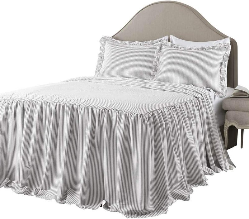 Lush Decor Global trendy simple build Gray Ticking Stripe Bedspread Shabby Chic Farmhouse Style Lightweight 3 Piece Set King Durable versatile substance - Image 1