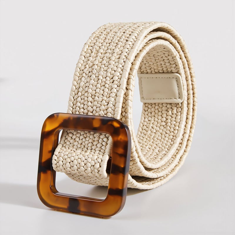 Woven Straw Belt for Women Wooden Circle Buckle Elastic Boho Dress Waist Belt - Image 3