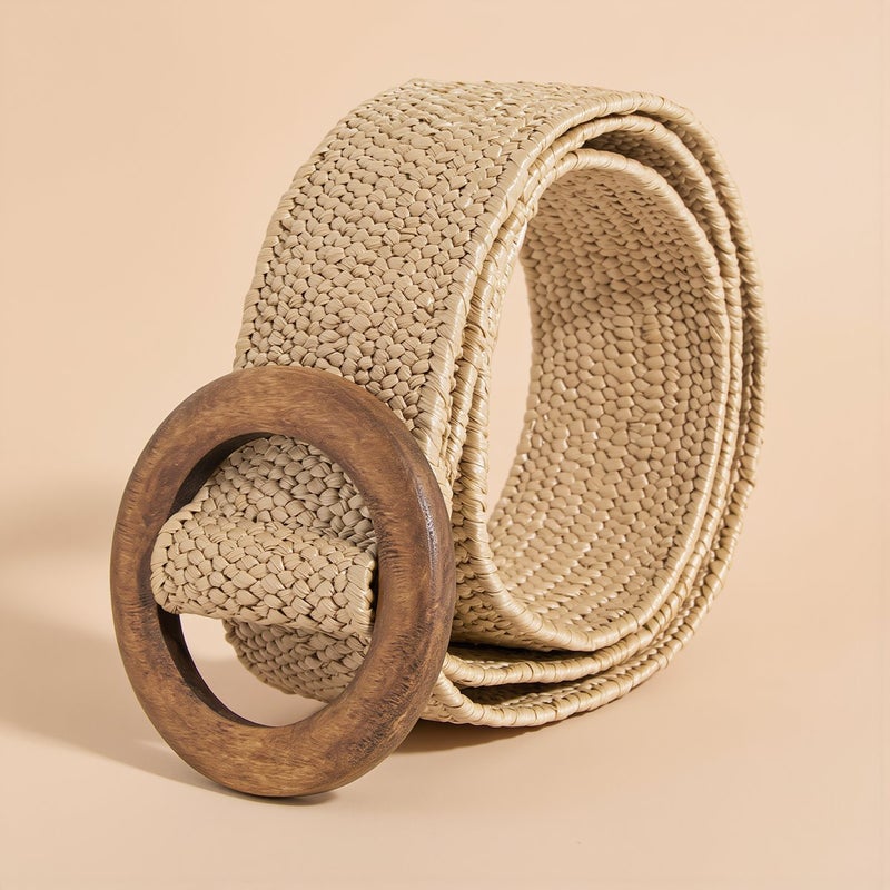 Woven Straw Belt for Women Wooden Circle Buckle Elastic Boho Dress Waist Belt - Image 4