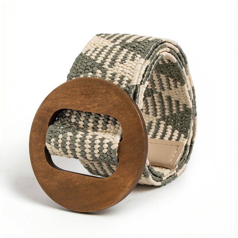 Woven Straw Belt for Women Wooden Circle Buckle Elastic Boho Dress Waist Belt - Image 1