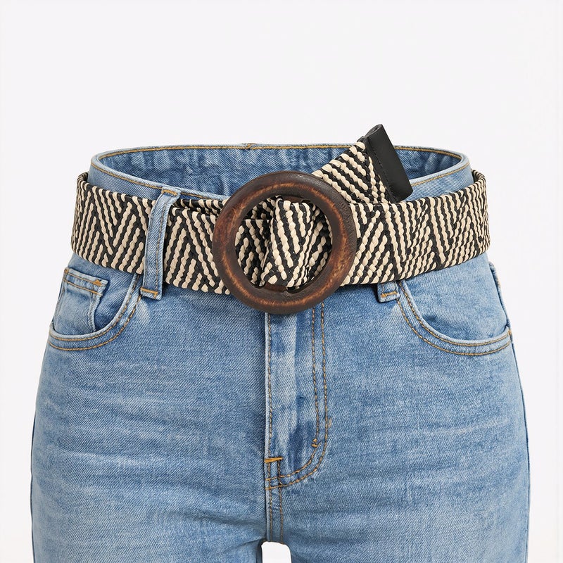 Woven Straw Belt for Women Wooden Circle Buckle Elastic Boho Dress Waist Belt - Image 5