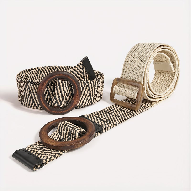 Woven Straw Belt for Women Wooden Circle Buckle Elastic Boho Dress Waist Belt - Image 2