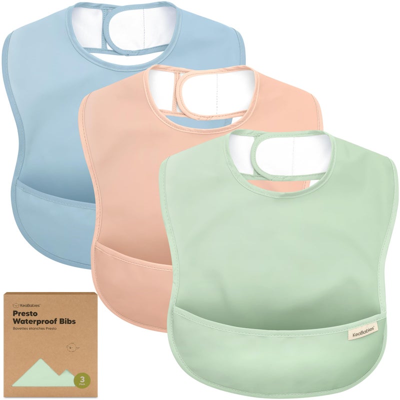 KeaBabies 3-Pack Waterproof Baby Bibs for Eating - Lightweight Toddler Feeding Bibs with Large Food Catcher, Mess Proof, Food-Grade Baby Eating Essentials, Easy to Put On & Clean (Mellow) - Image 1