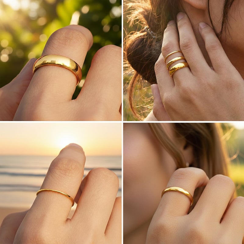 Poxtex Size 4 Gold Pinky Band Rings for Women, Non Tarnish 14K Gold Plated Rings for Wedding Engagement, Stackable Thin Dome Bands Set Comfort Fit 3Pcs 1mm 3mm 5mm - Image 5