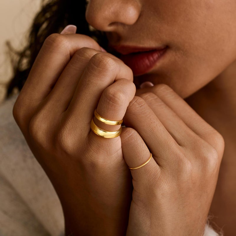 Poxtex Size 4 Gold Pinky Band Rings for Women, Non Tarnish 14K Gold Plated Rings for Wedding Engagement, Stackable Thin Dome Bands Set Comfort Fit 3Pcs 1mm 3mm 5mm - Image 2