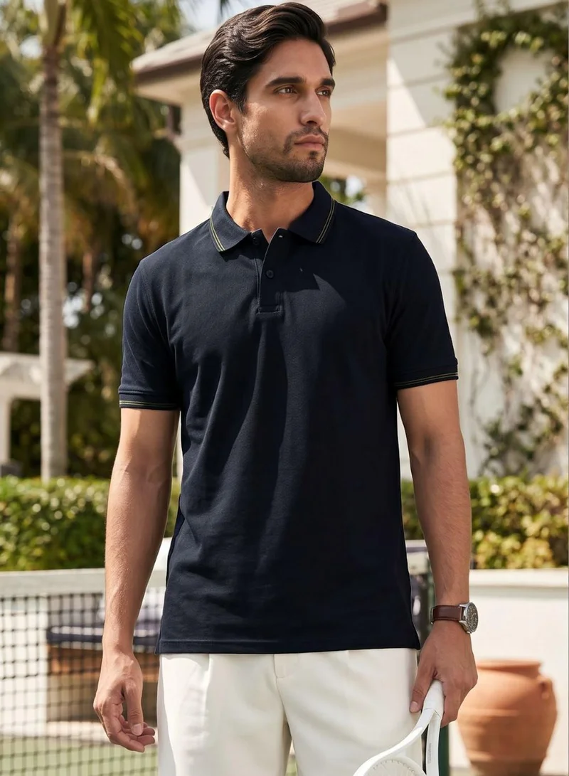 دينيس لينغو Men Navy Cotton Blend Solid Regular T-Shirt