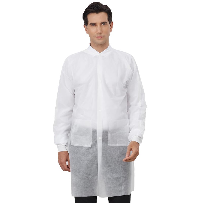 Greenour Disposable Lab Coats for Adults with Pockets White Lab Jackets with Knitted Cuffs and Collar Pack of 10 (2X-Large) - Image 2