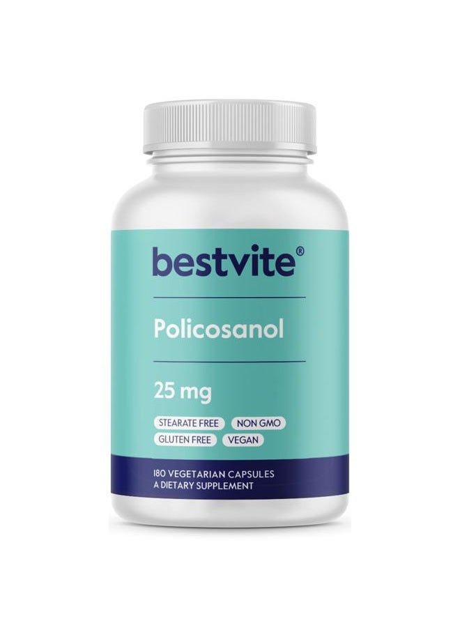 BESTVITE - Policosanol 25mg (180 Vegetarian Capsules) - No Stearates - No Flow Agents - Vegan - Non GMO - Gluten Free - Image 1