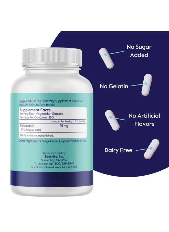 BESTVITE - Policosanol 25mg (180 Vegetarian Capsules) - No Stearates - No Flow Agents - Vegan - Non GMO - Gluten Free - Image 1