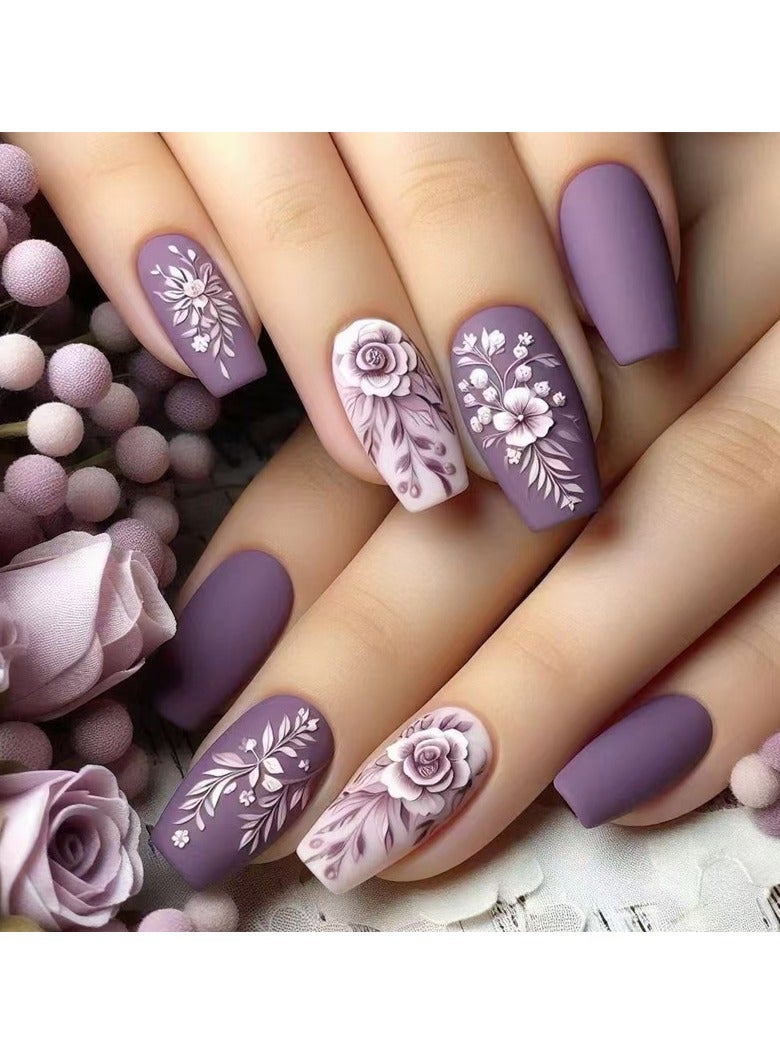 Goolsky Autumn and winter warm purple embossed 3D flowers and leaves long ballet frosted manicure 24 pieces - Image 1