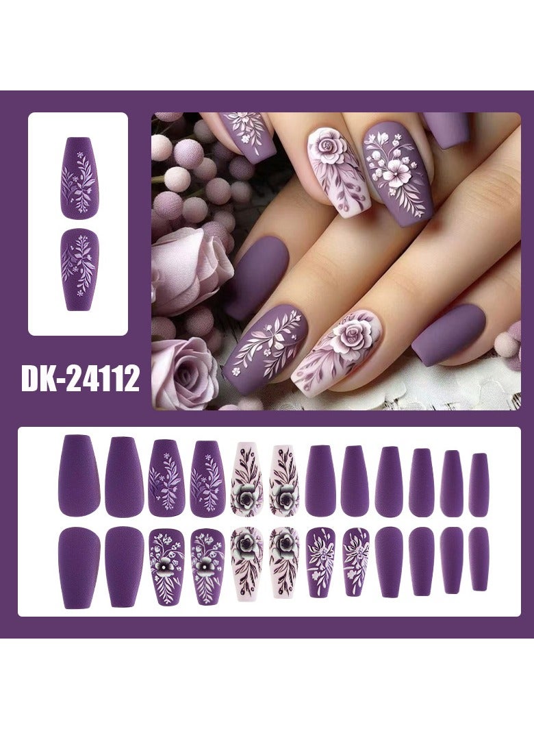 Goolsky Autumn and winter warm purple embossed 3D flowers and leaves long ballet frosted manicure 24 pieces - Image 2