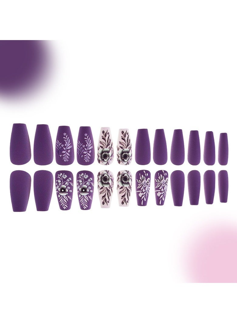Goolsky Autumn and winter warm purple embossed 3D flowers and leaves long ballet frosted manicure 24 pieces - Image 3