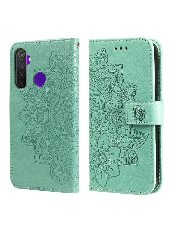 HuHa Case Cover For Realme 5 / Realme 5s / Realme C3 7-petal Flowers Embossing Pattern Horizontal Flip PU Leather Case with Holder & Card Slots & Wallet & Photo Frame Green 