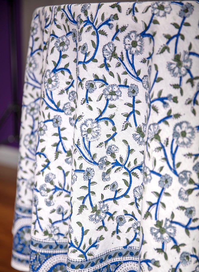 India Arts Hand Block Print Floral Tablecloth Round Cotton Table Linen Beach Sheet Beach Throw (Blue, Round 72 Inches) - Image 4
