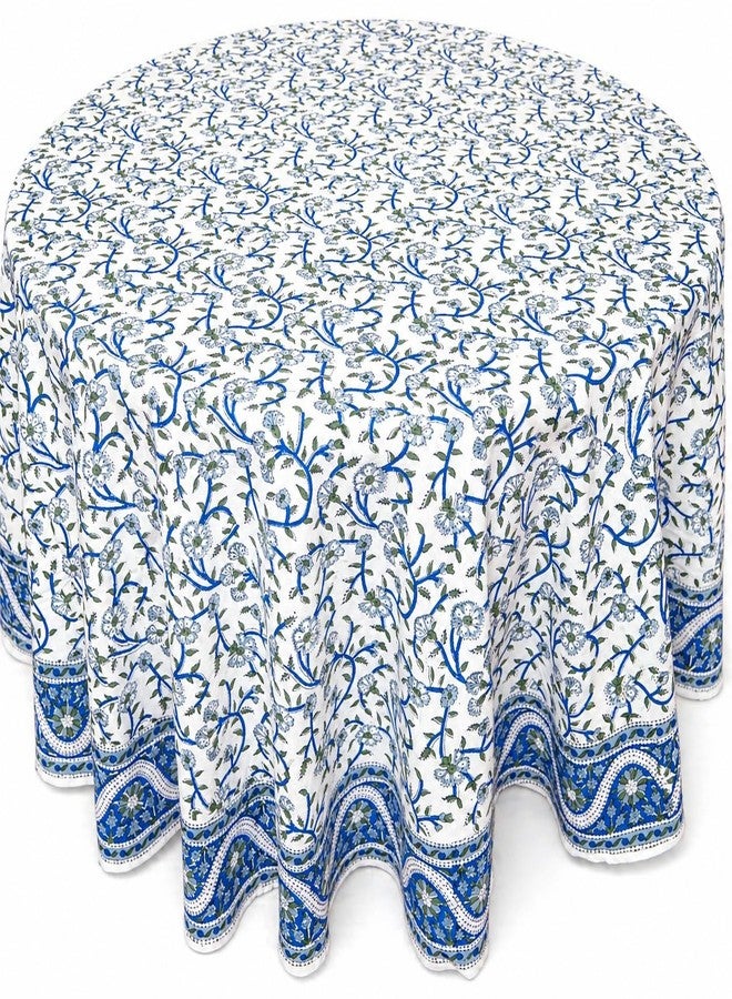India Arts Hand Block Print Floral Tablecloth Round Cotton Table Linen Beach Sheet Beach Throw (Blue, Round 72 Inches) - Image 1