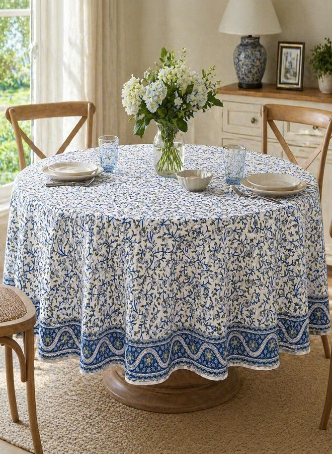 India Arts Hand Block Print Floral Tablecloth Round Cotton Table Linen Beach Sheet Beach Throw (Blue, Round 72 Inches) - Image 2
