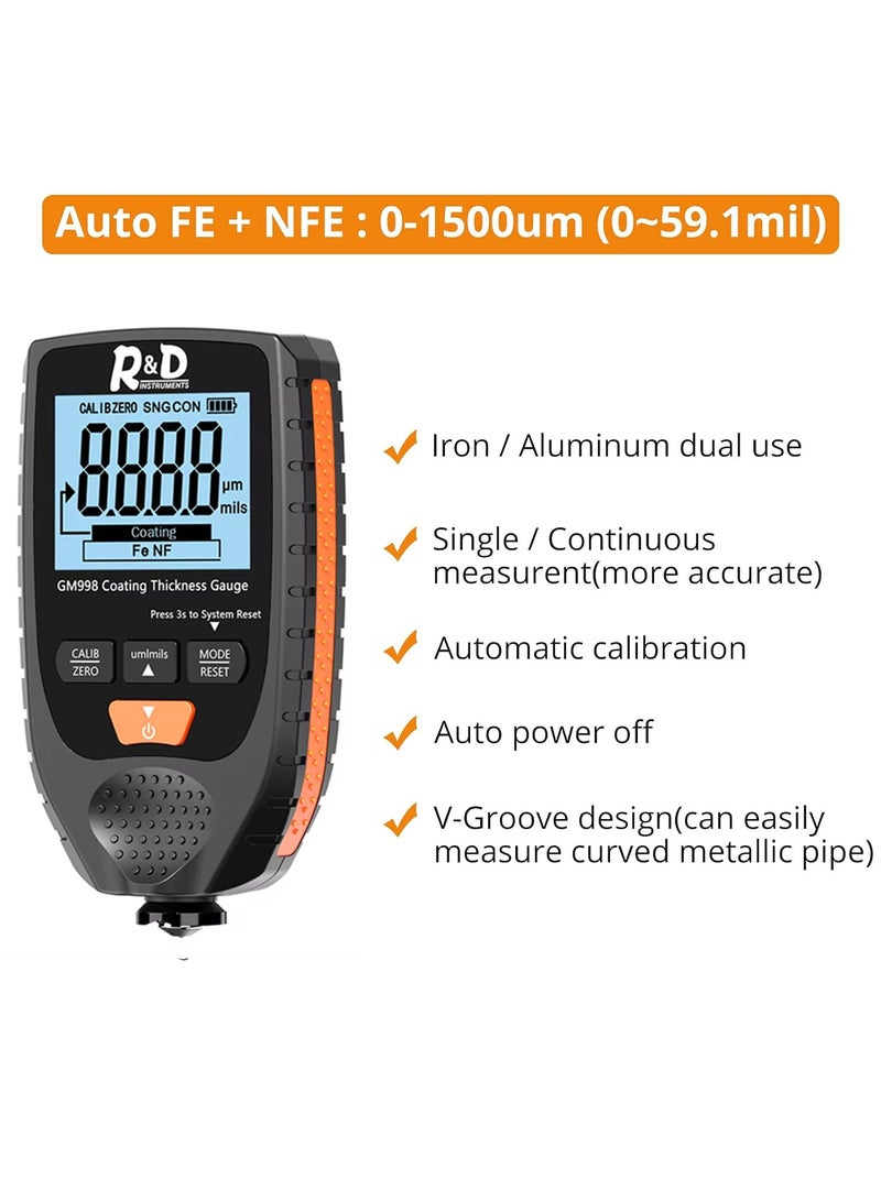 R&D Paint Thickness Gauge for Cars | Digital Car Paint Meter, Paint Depth Gauge, Coating Thickness Tester, Car Paint Tester, Mil Gauge, LCD, Ferrous/Non-Ferrous, Auto Calibration (Black Orange) - Image 2