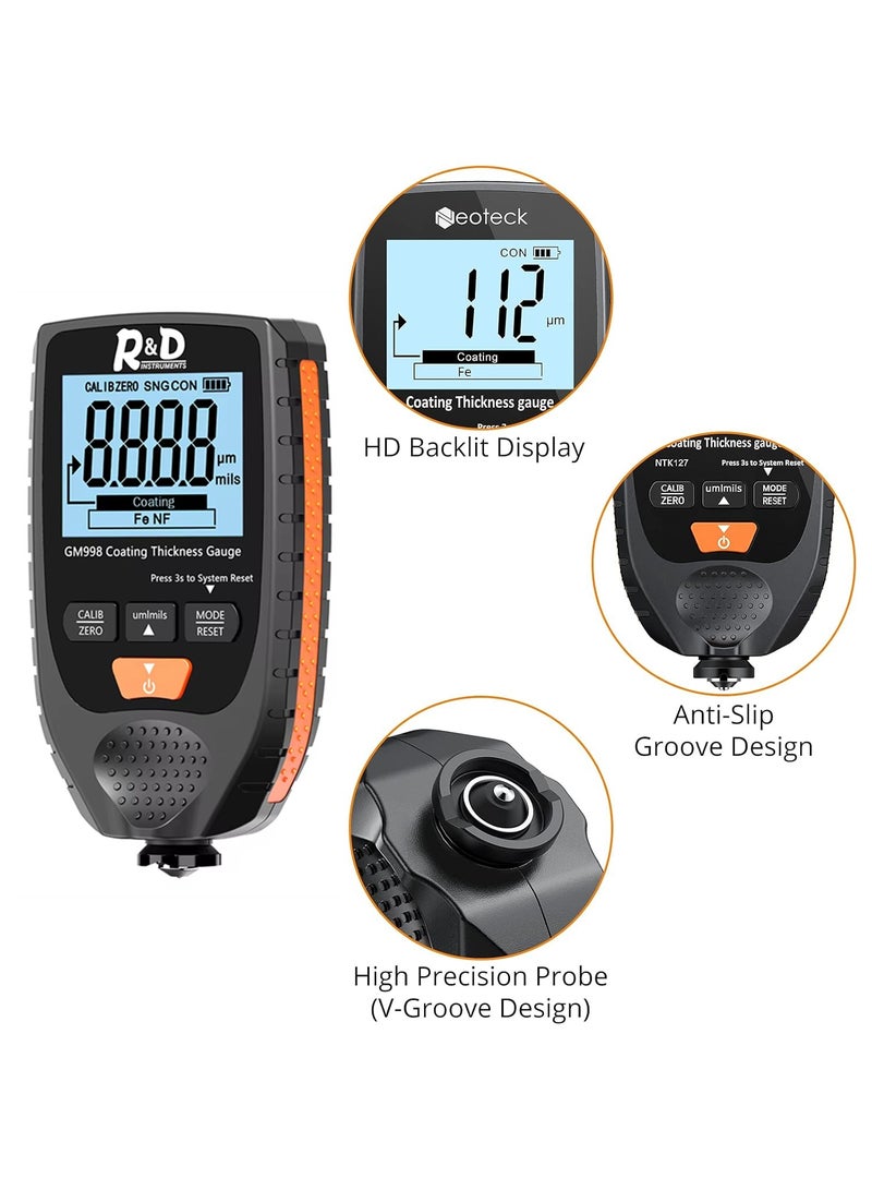 R&D Paint Thickness Gauge for Cars | Digital Car Paint Meter, Paint Depth Gauge, Coating Thickness Tester, Car Paint Tester, Mil Gauge, LCD, Ferrous/Non-Ferrous, Auto Calibration (Black Orange) - Image 5
