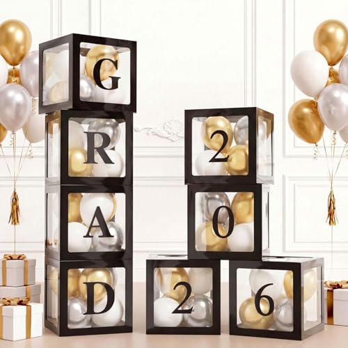 Ledido 2026 Graduation Balloon Boxes Decorations, 4 Pieces Black Clear Grad Balloon boxes with Letters, Class of 2026 Graduation Party Supplies for College, High School, Prom, Birthday, Baby Shower - Image 1