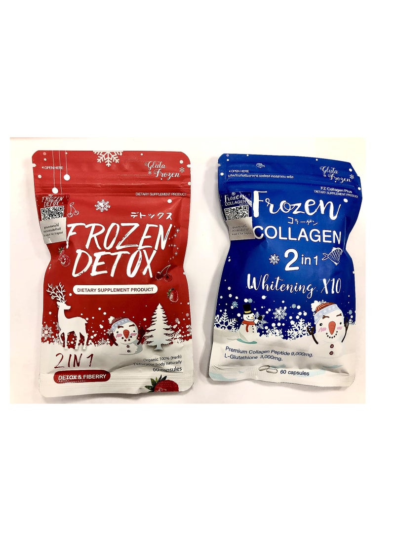 Disney FROZEN Pack of Frozen Collagen Plus 2in1 Whitening X10 (60 Capsules) and Frozen Detox 2in1 Detox and Fiberry (60 Capsules), Combat Acne, Freckles, Melasma, Lighten and Brighten Skin for Radiant Youthful Glow  - Image 1