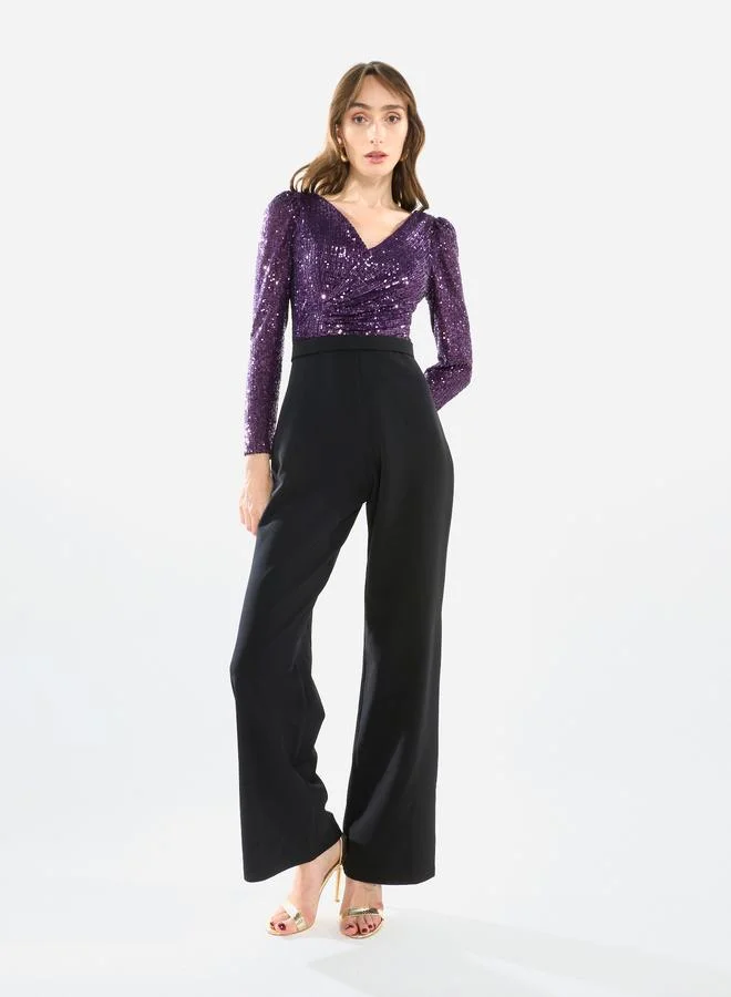 هاوس اوف مودا جمبسوت بياقة مثلثة وتصميم ملفوف مزين بالترتر