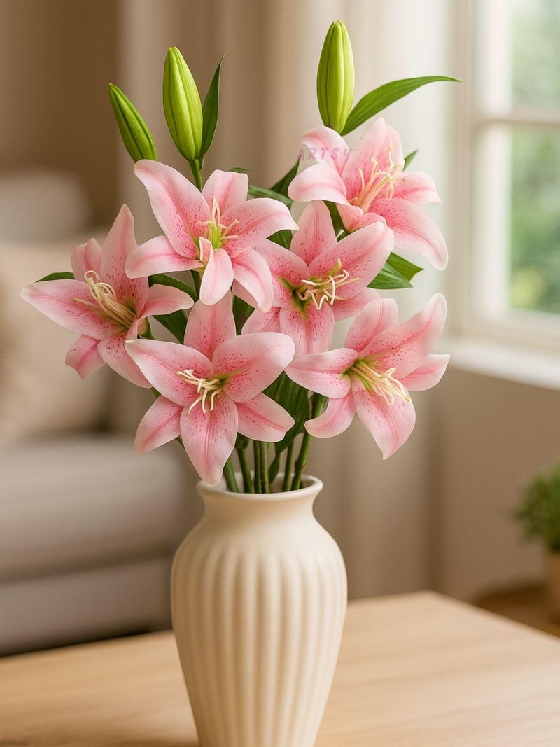 ARTSY® Artificial Flowers for Decoration Lily Flower Bunch for vase/Pot, Long Size Stick stem, Home/Office Decor, Gift, Artificial Plant, Craft, Without Vase, 100 cm Height, 1 Piece, babypink - Image 1