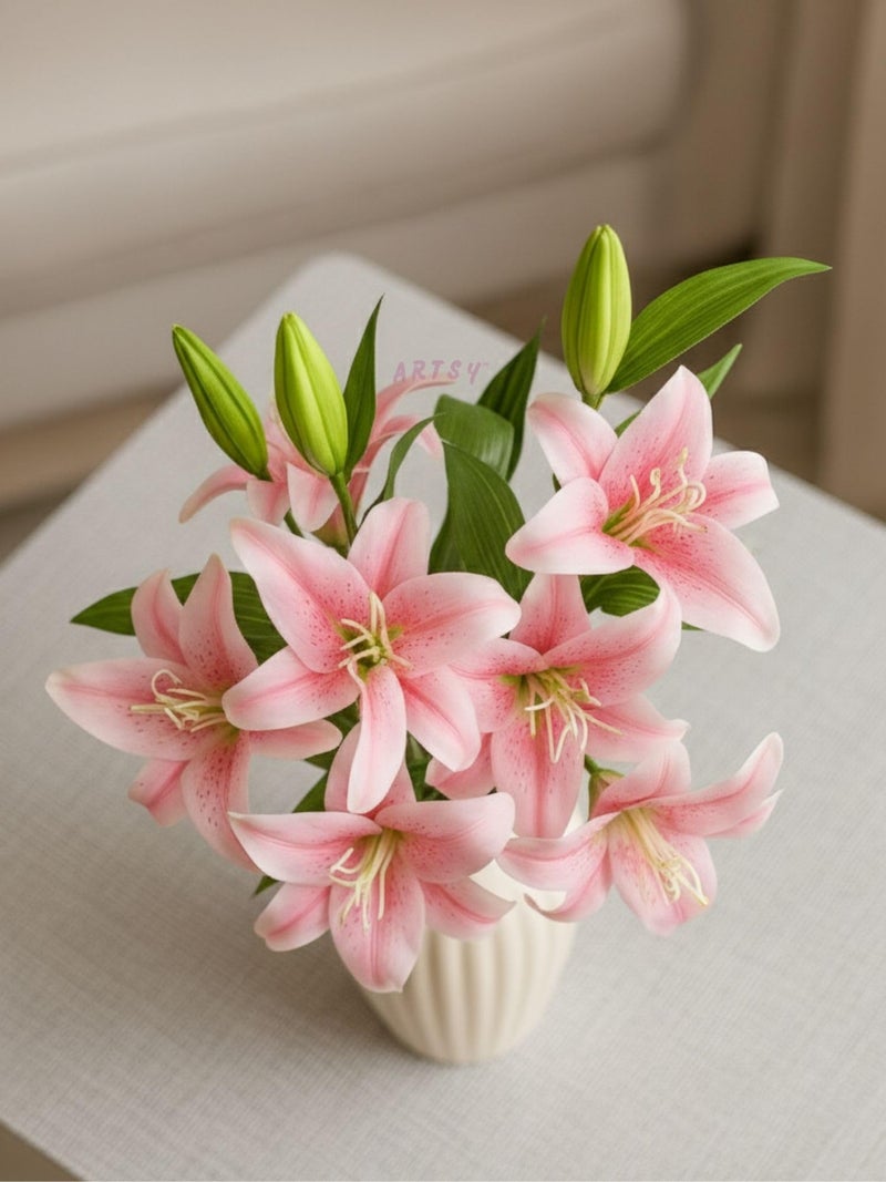 ARTSY® Artificial Flowers for Decoration Lily Flower Bunch for vase/Pot, Long Size Stick stem, Home/Office Decor, Gift, Artificial Plant, Craft, Without Vase, 100 cm Height, 1 Piece, babypink - Image 3