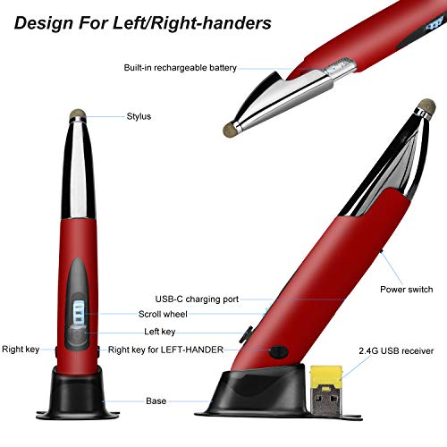lychee Rechargeable Pocket Pen Mouse, Left/Right-Handed Wireless Optical Ergonomic Mouse with Stylus Function RGB Backlit Type-C & Micro USB Adapter for PC Laptop Notebook Mac (Red) - Image 2