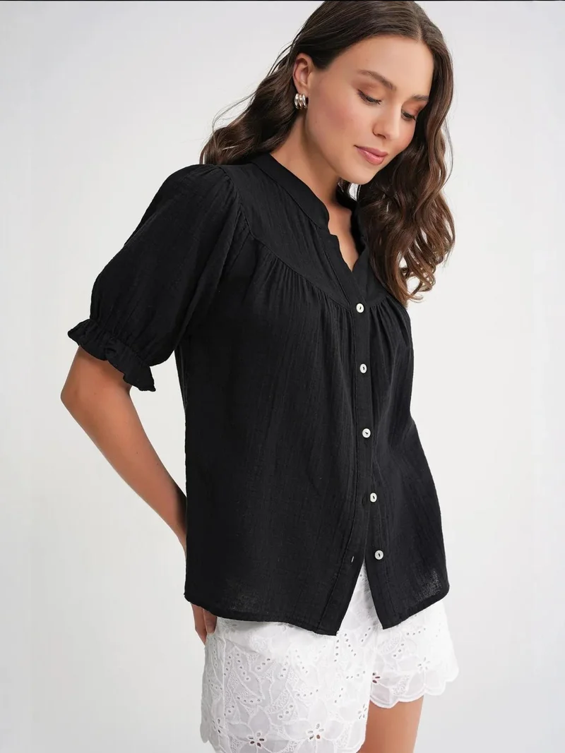 MixRay Black Mixray Linen Blend Short Sleeve Buttoned Shirt for Women | Best Price UAE