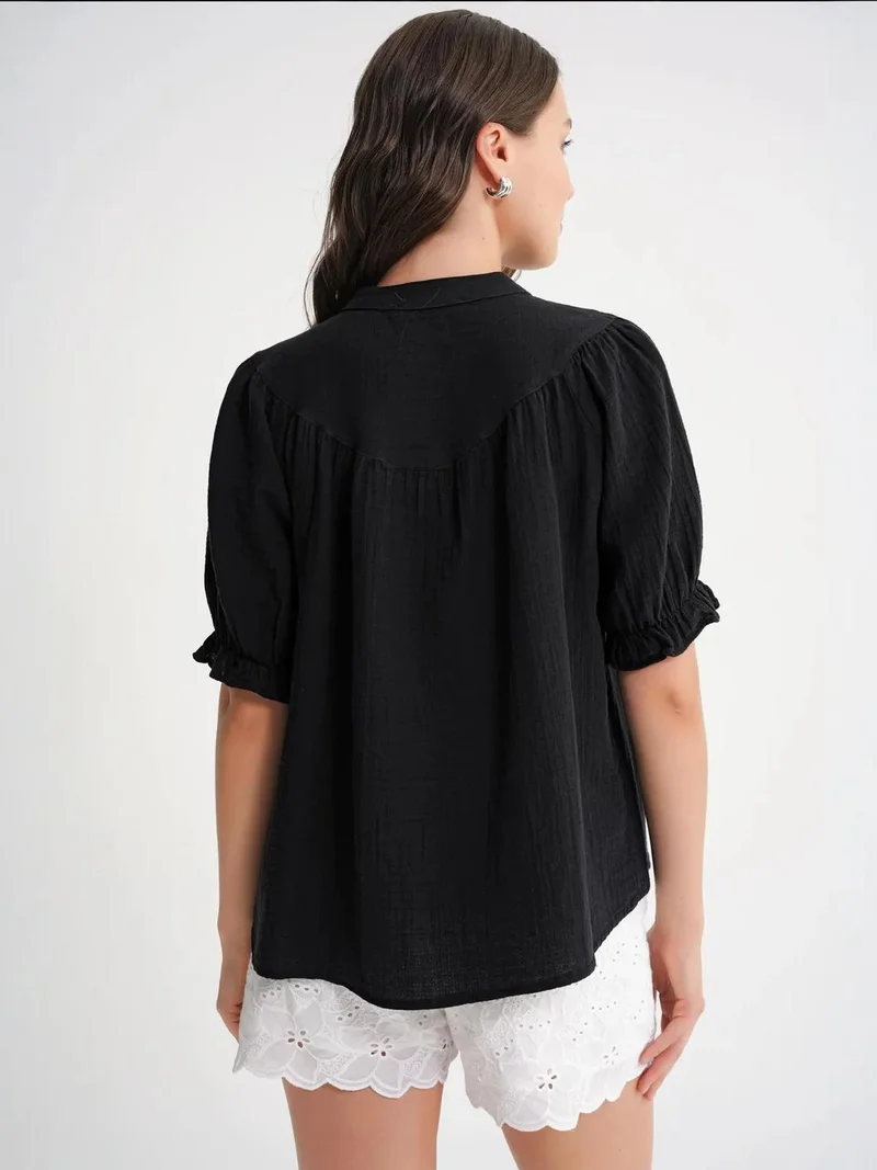 MixRay Black Mixray Linen Blend Short Sleeve Buttoned Shirt for Women | Best Price UAE